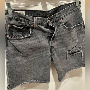 Vintage Levi's 501 90s Distressed Black Denim Button Fly Long Jean Shorts cool